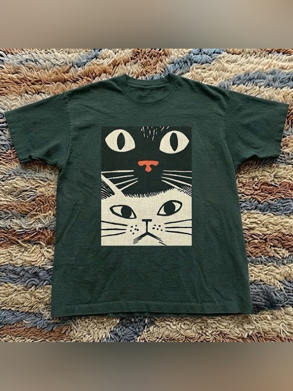 Dark Green Tee with Cream, Black & Orange Cat Art for Cat Lovers